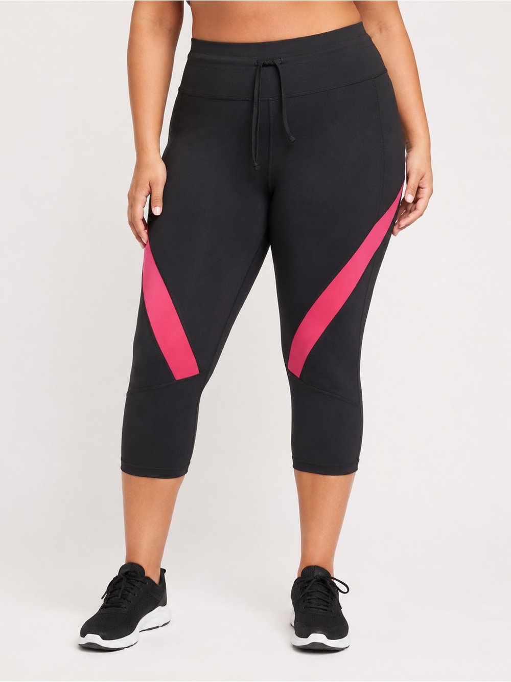 High-Rise Black Capri Leggings with Pink Accent Panels